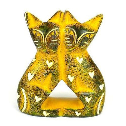 Handcrafted 4-inch Soapstone Love Cats Sculpture in Yellow - Smolart