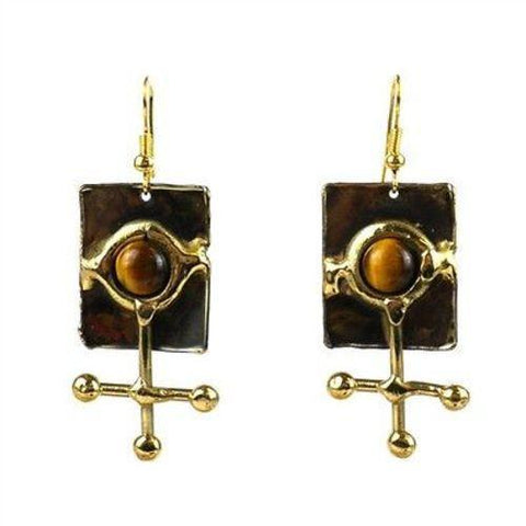 Gold Tiger Eye Ball and Jack Brass Earrings - Brass Images (E)