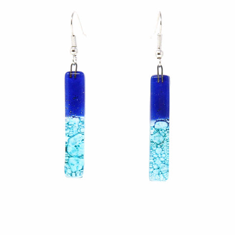 Long Rectangle Glass Dangle Earrings, Blue Bubbles - Tili Glass