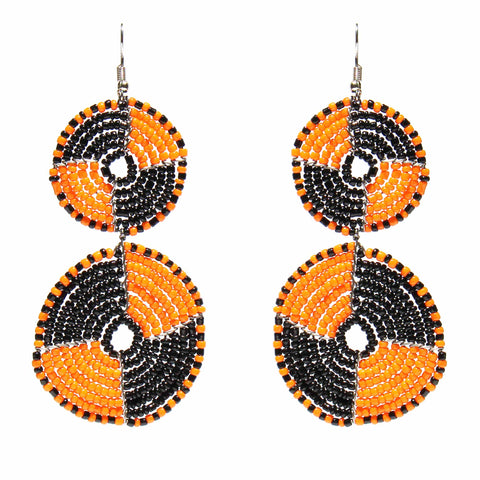 Maasai Bead Double Circle Dangle Earrings, Mango Orange and Black