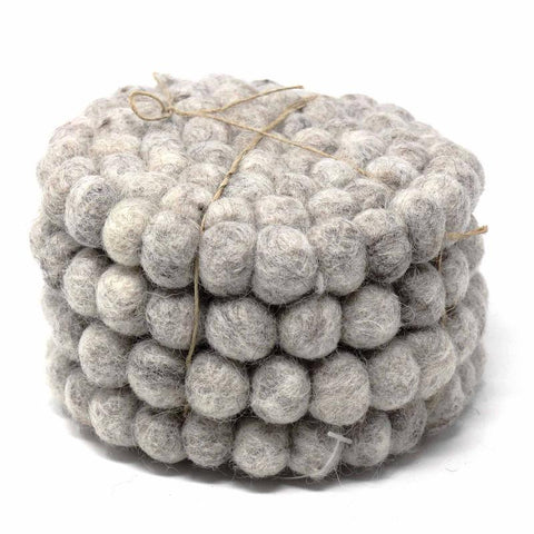 Hand Crafted Felt Ball Coasters from Nepal: 4-pack, Light Grey - Global Groove (T)