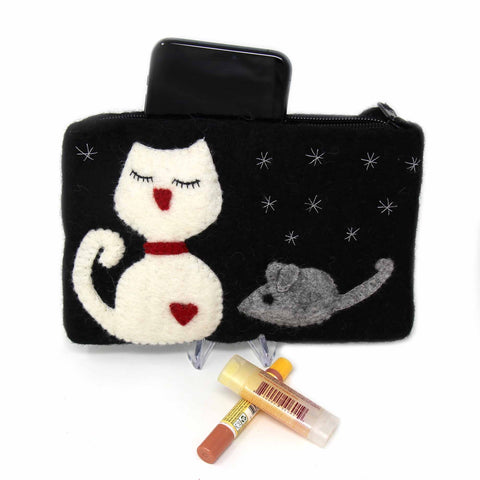 Hand Crafted Felt: White Cat Pouch