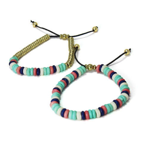 Adjustable Bone Bead Bracelet Set, Mint and Pink