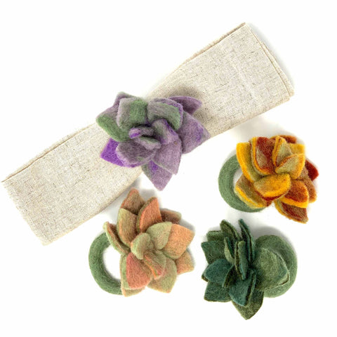 Hand-felted Succulent Napkin Rings, Set of Four Colors - Global Groove (T)